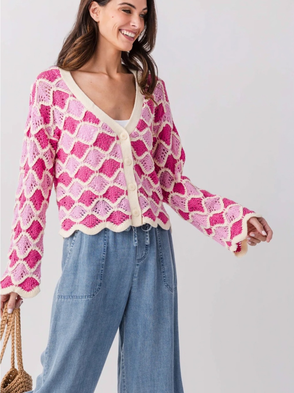 RD Style Pink & Cream Open-Knit V-Neck Button Cardigan